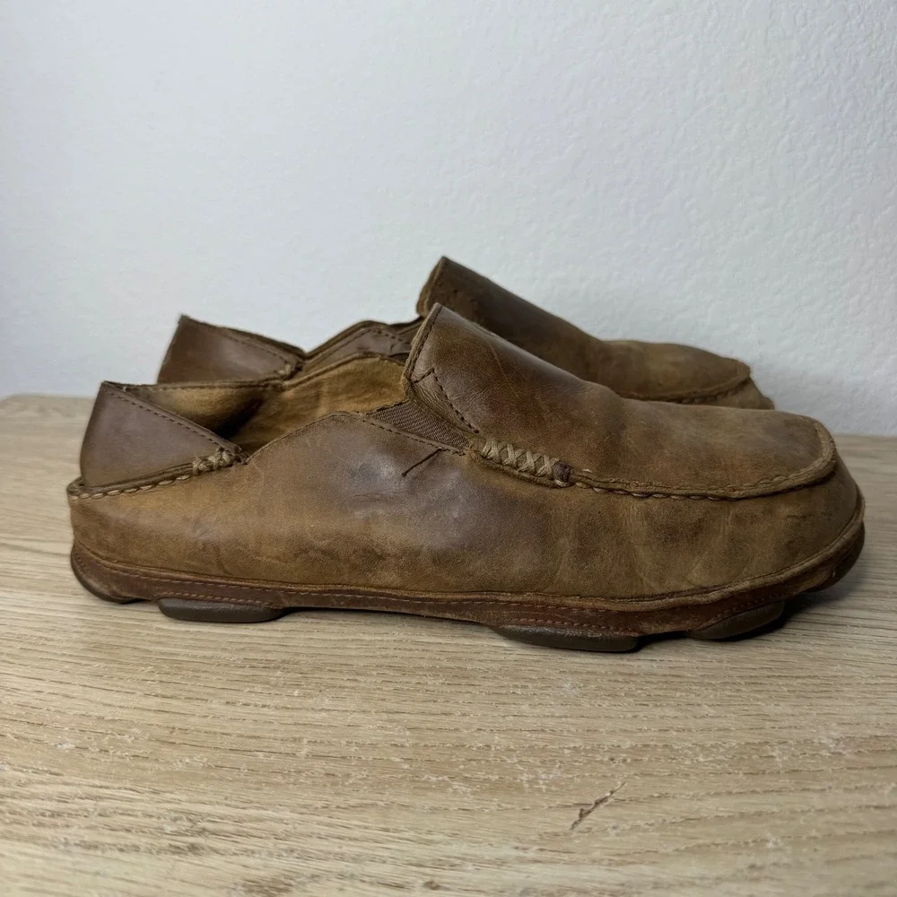OluKai‎ Moloa Mens Brown Leather Slip On Loafers Drop-In Heel 10128-2733 Size 9